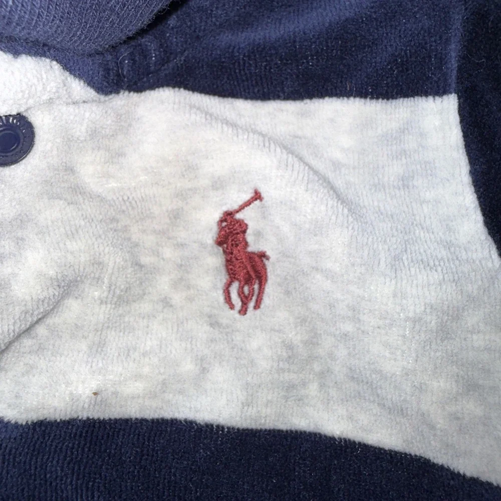 Ralph Lauren Velour Cardigan 6M Navy Gray Striped Shawl Collar Pony Logo